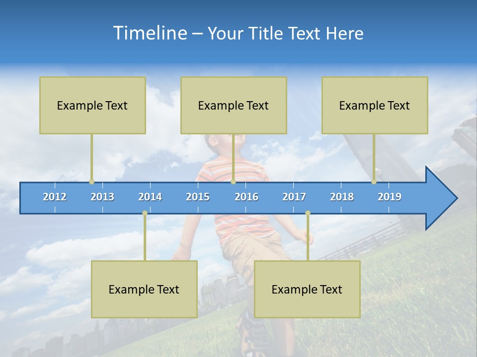 Boy Running On Green Grass Field Under Beautiful Blue Sky With Scenic White Clouds. PowerPoint Template