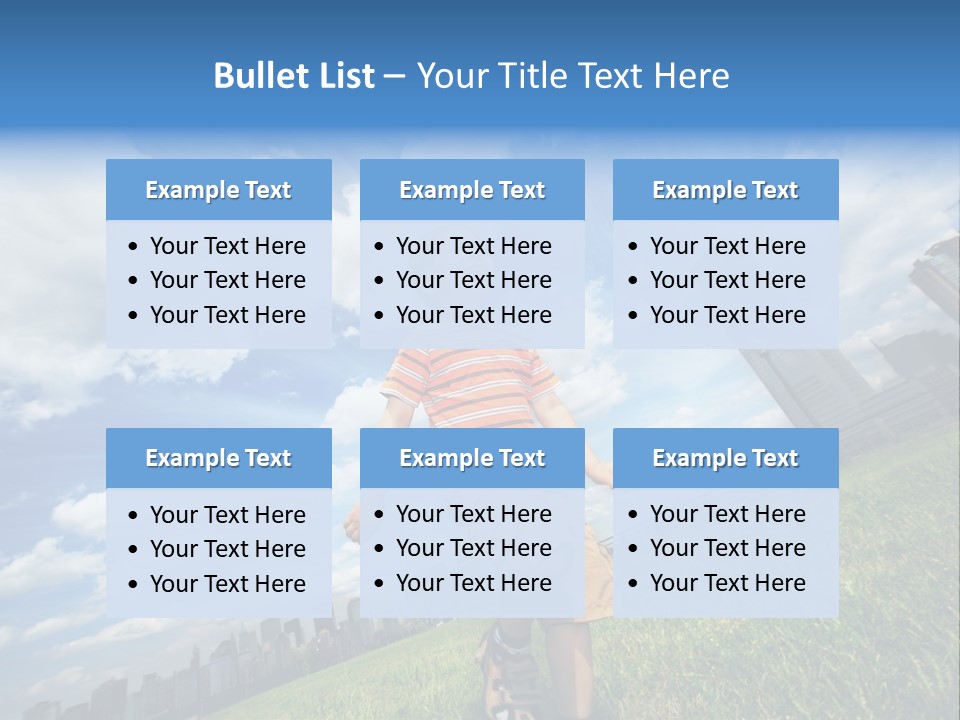 Boy Running On Green Grass Field Under Beautiful Blue Sky With Scenic White Clouds. PowerPoint Template