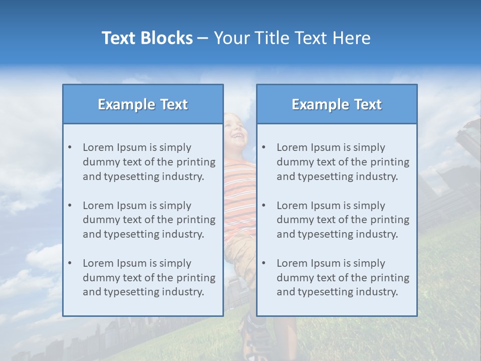 Boy Running On Green Grass Field Under Beautiful Blue Sky With Scenic White Clouds. PowerPoint Template