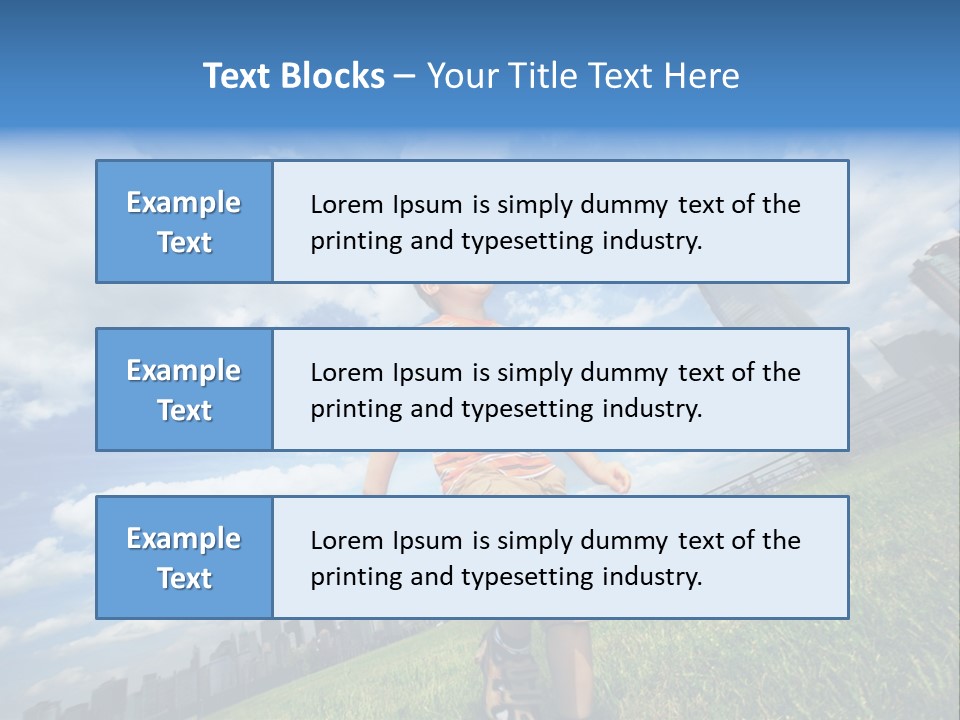 Boy Running On Green Grass Field Under Beautiful Blue Sky With Scenic White Clouds. PowerPoint Template