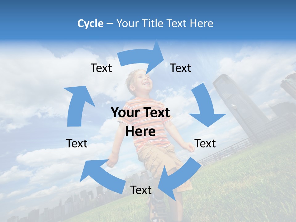 Boy Running On Green Grass Field Under Beautiful Blue Sky With Scenic White Clouds. PowerPoint Template