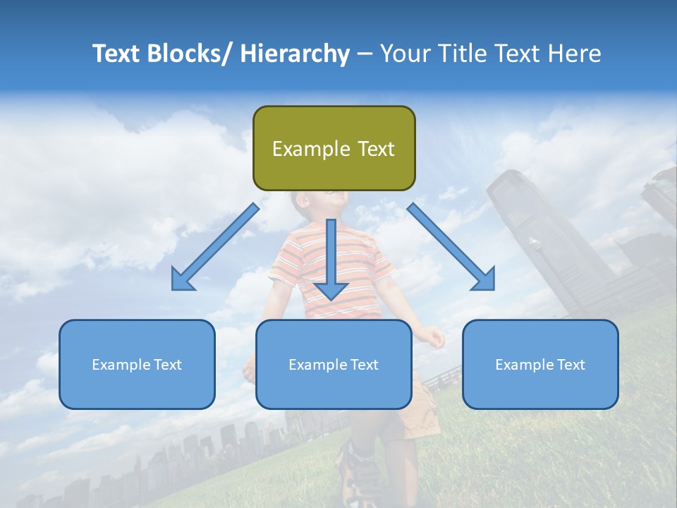 Boy Running On Green Grass Field Under Beautiful Blue Sky With Scenic White Clouds. PowerPoint Template