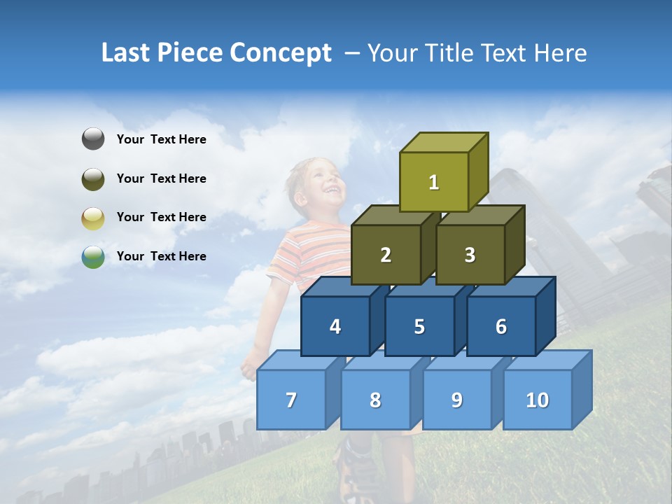 Boy Running On Green Grass Field Under Beautiful Blue Sky With Scenic White Clouds. PowerPoint Template