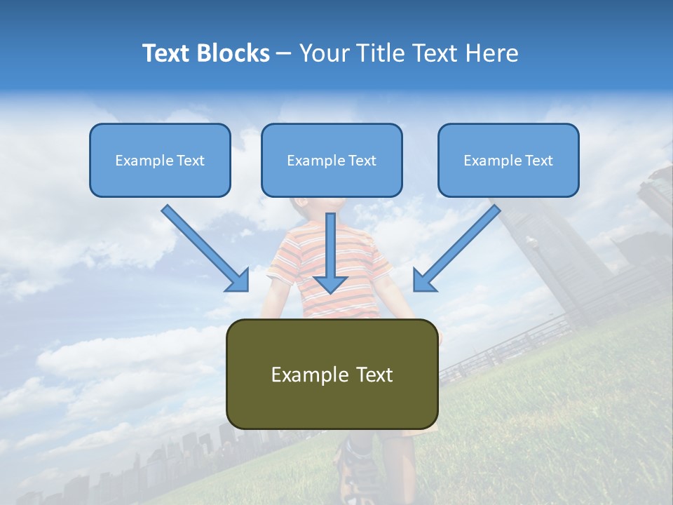 Boy Running On Green Grass Field Under Beautiful Blue Sky With Scenic White Clouds. PowerPoint Template