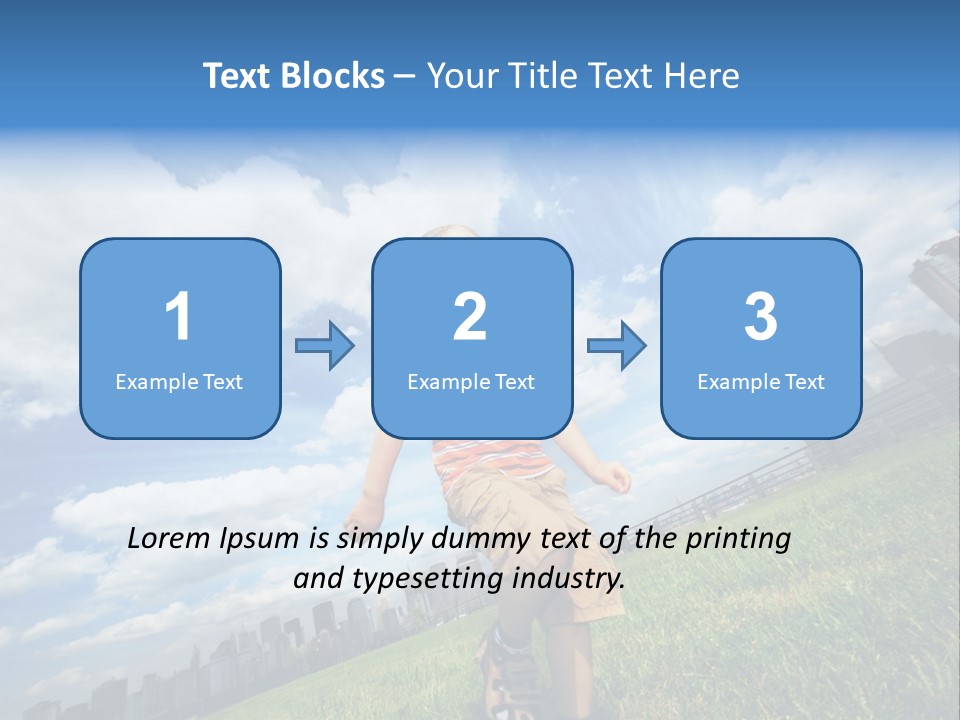 Boy Running On Green Grass Field Under Beautiful Blue Sky With Scenic White Clouds. PowerPoint Template