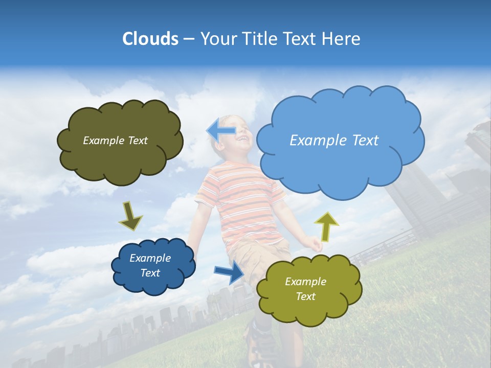 Boy Running On Green Grass Field Under Beautiful Blue Sky With Scenic White Clouds. PowerPoint Template