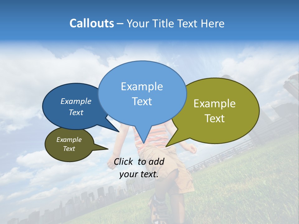 Boy Running On Green Grass Field Under Beautiful Blue Sky With Scenic White Clouds. PowerPoint Template