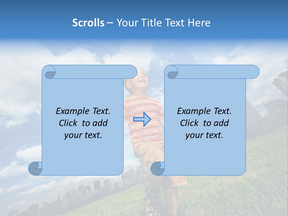 Boy Running On Green Grass Field Under Beautiful Blue Sky With Scenic White Clouds. PowerPoint Template