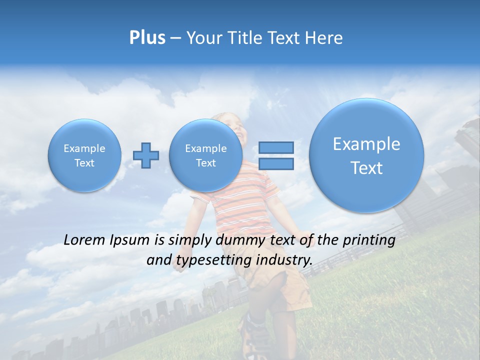 Boy Running On Green Grass Field Under Beautiful Blue Sky With Scenic White Clouds. PowerPoint Template