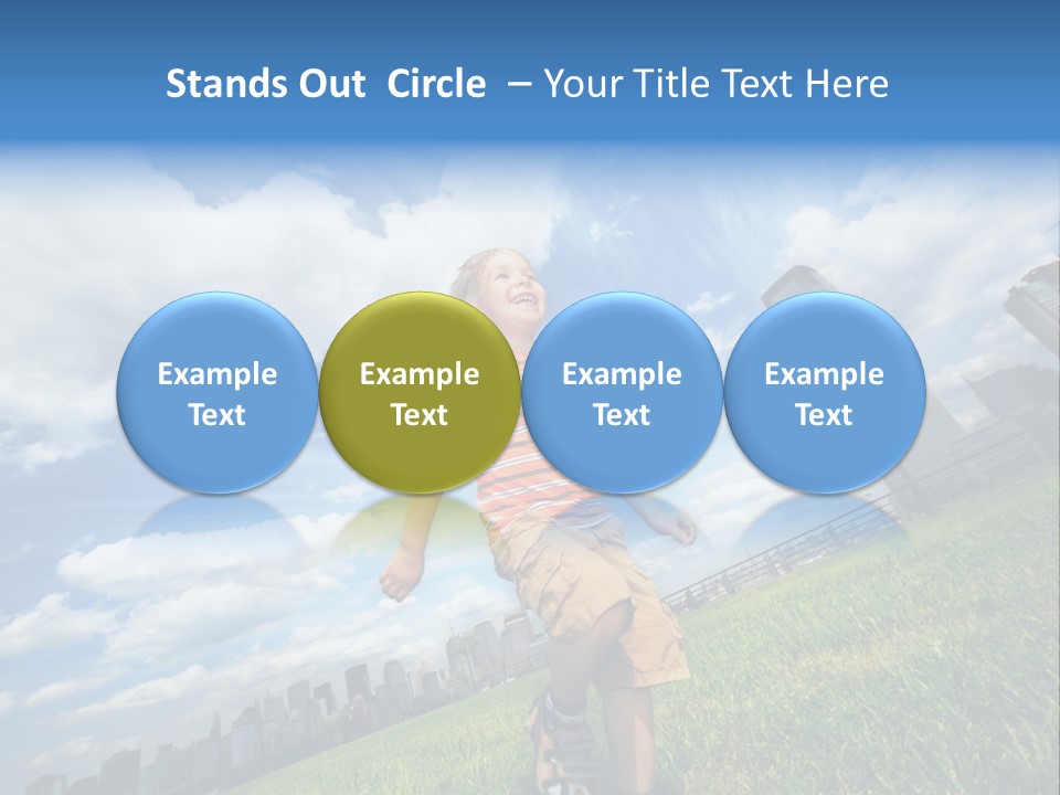 Boy Running On Green Grass Field Under Beautiful Blue Sky With Scenic White Clouds. PowerPoint Template