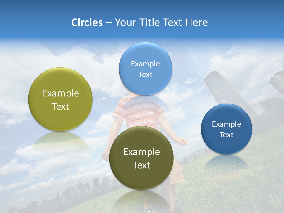 Boy Running On Green Grass Field Under Beautiful Blue Sky With Scenic White Clouds. PowerPoint Template