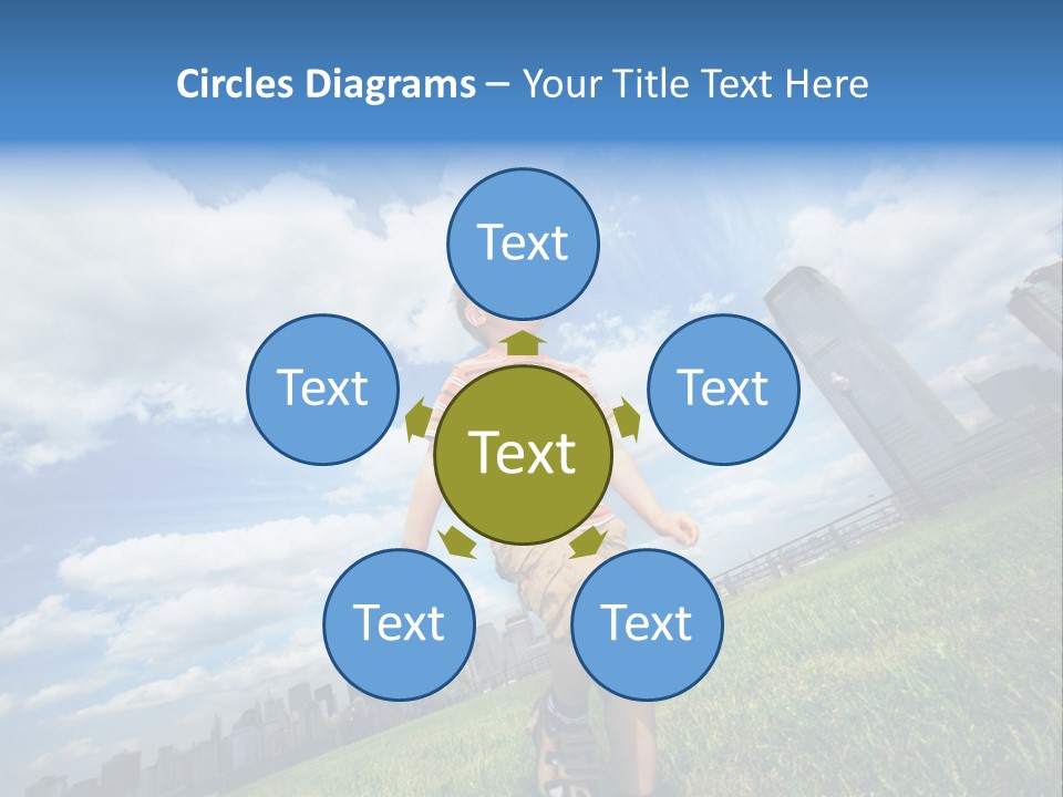 Boy Running On Green Grass Field Under Beautiful Blue Sky With Scenic White Clouds. PowerPoint Template