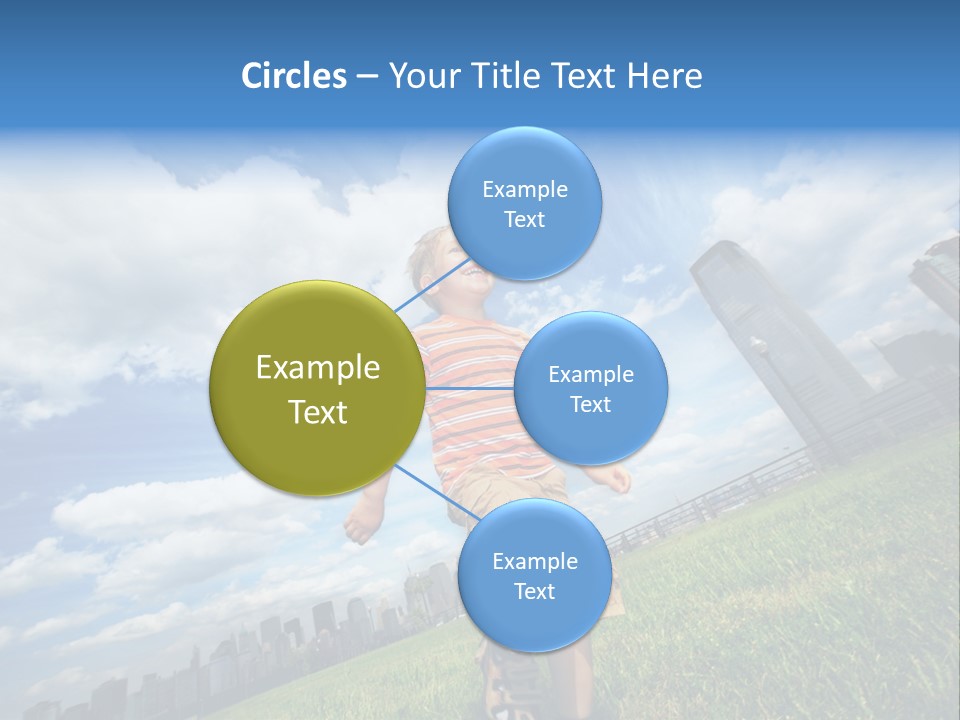 Boy Running On Green Grass Field Under Beautiful Blue Sky With Scenic White Clouds. PowerPoint Template