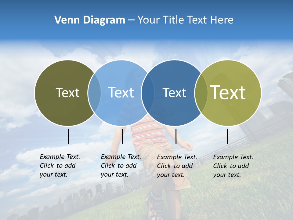 Boy Running On Green Grass Field Under Beautiful Blue Sky With Scenic White Clouds. PowerPoint Template
