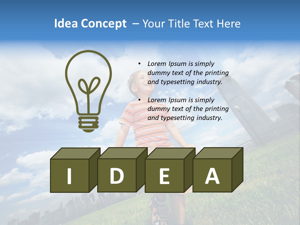 Boy Running On Green Grass Field Under Beautiful Blue Sky With Scenic White Clouds. PowerPoint Template