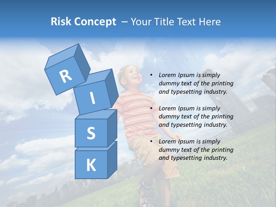 Boy Running On Green Grass Field Under Beautiful Blue Sky With Scenic White Clouds. PowerPoint Template