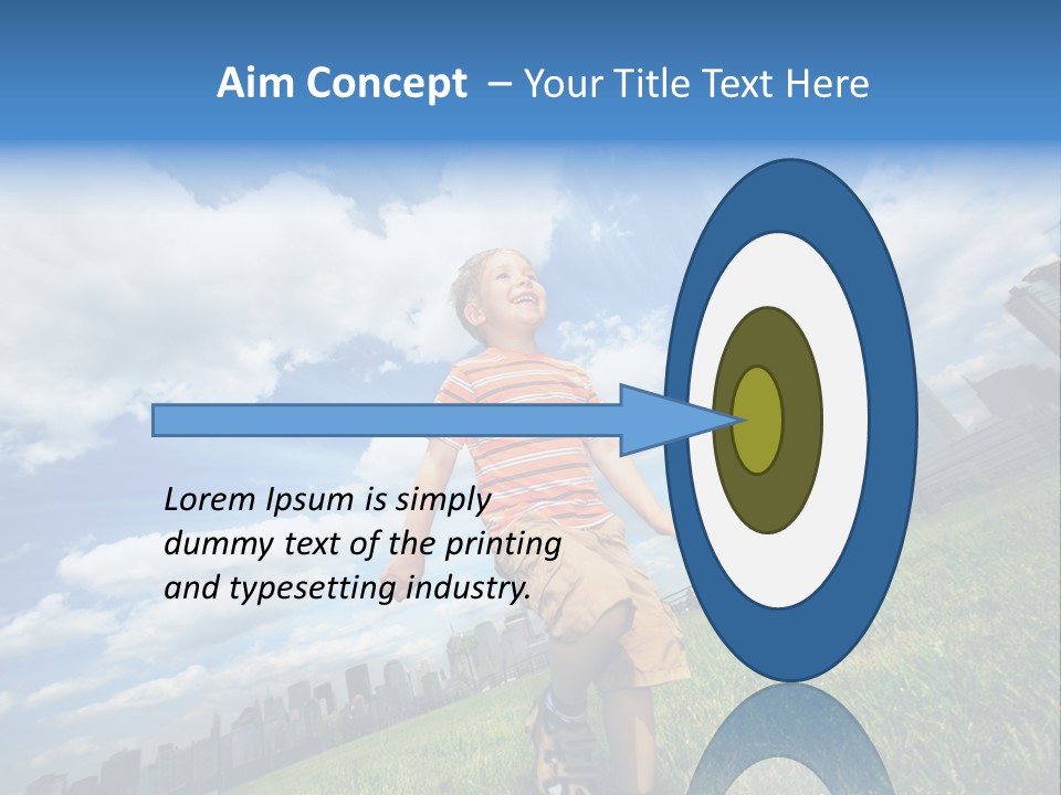 Boy Running On Green Grass Field Under Beautiful Blue Sky With Scenic White Clouds. PowerPoint Template