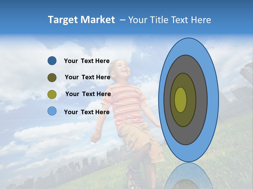 Boy Running On Green Grass Field Under Beautiful Blue Sky With Scenic White Clouds. PowerPoint Template