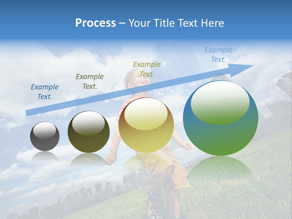 Boy Running On Green Grass Field Under Beautiful Blue Sky With Scenic White Clouds. PowerPoint Template