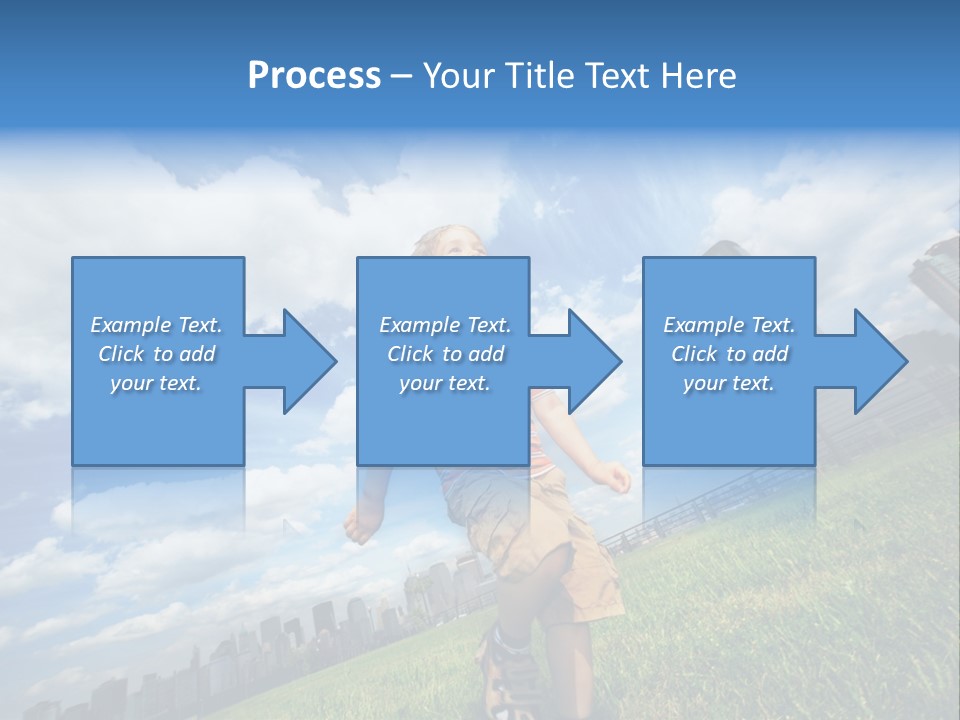 Boy Running On Green Grass Field Under Beautiful Blue Sky With Scenic White Clouds. PowerPoint Template