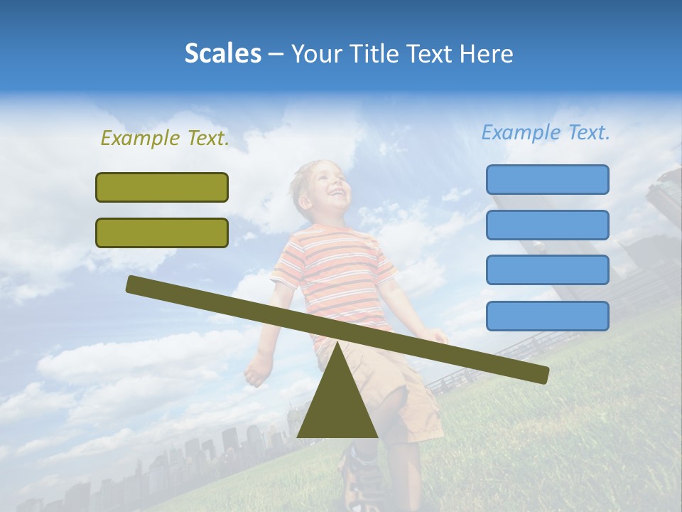 Boy Running On Green Grass Field Under Beautiful Blue Sky With Scenic White Clouds. PowerPoint Template