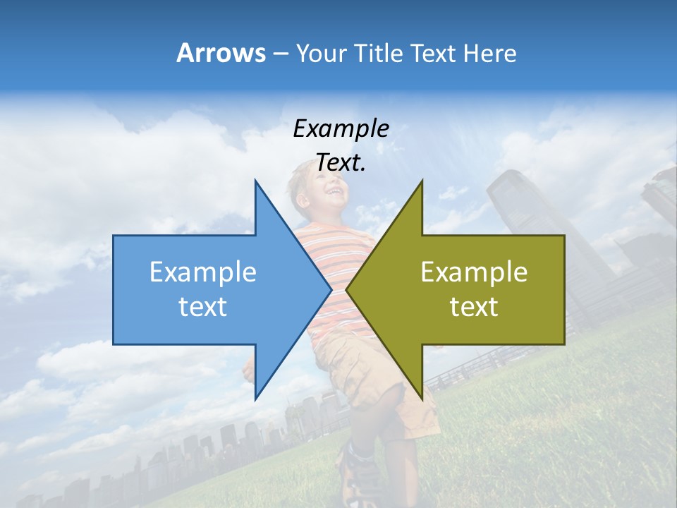 Boy Running On Green Grass Field Under Beautiful Blue Sky With Scenic White Clouds. PowerPoint Template