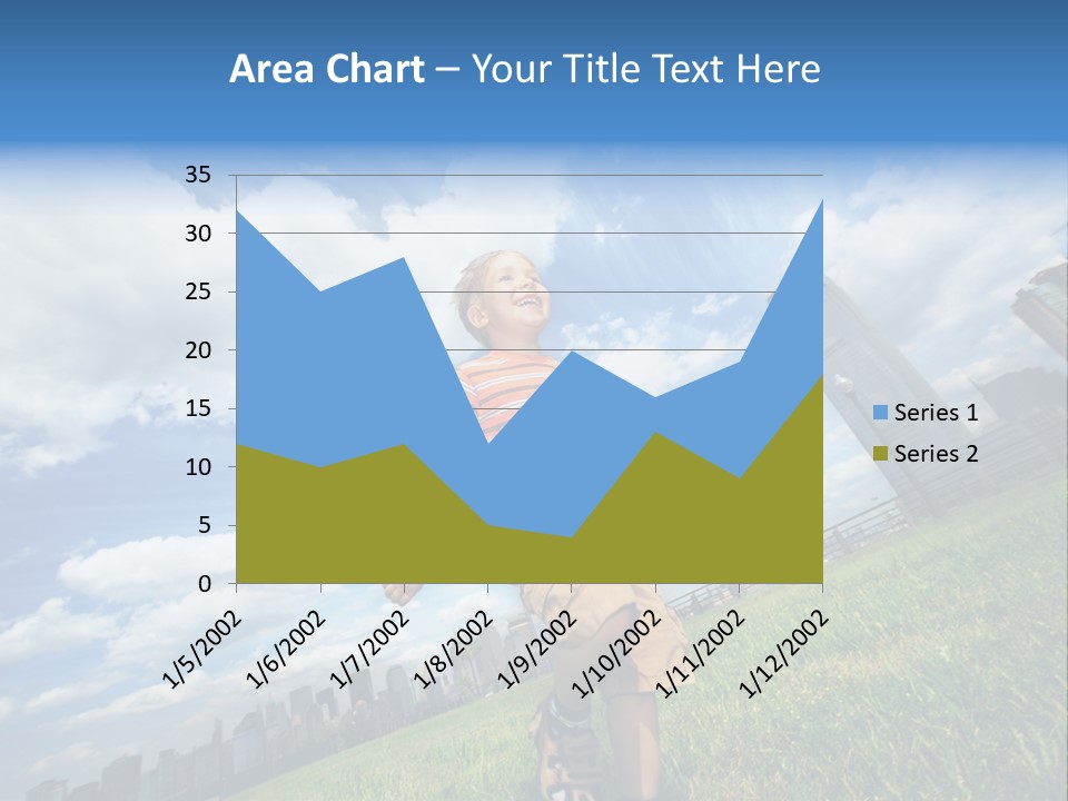Boy Running On Green Grass Field Under Beautiful Blue Sky With Scenic White Clouds. PowerPoint Template