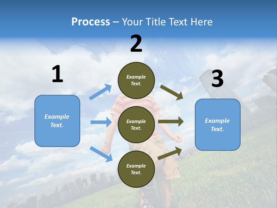Boy Running On Green Grass Field Under Beautiful Blue Sky With Scenic White Clouds. PowerPoint Template
