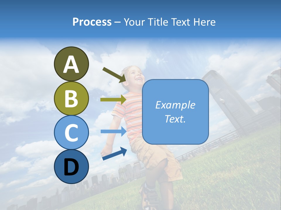 Boy Running On Green Grass Field Under Beautiful Blue Sky With Scenic White Clouds. PowerPoint Template