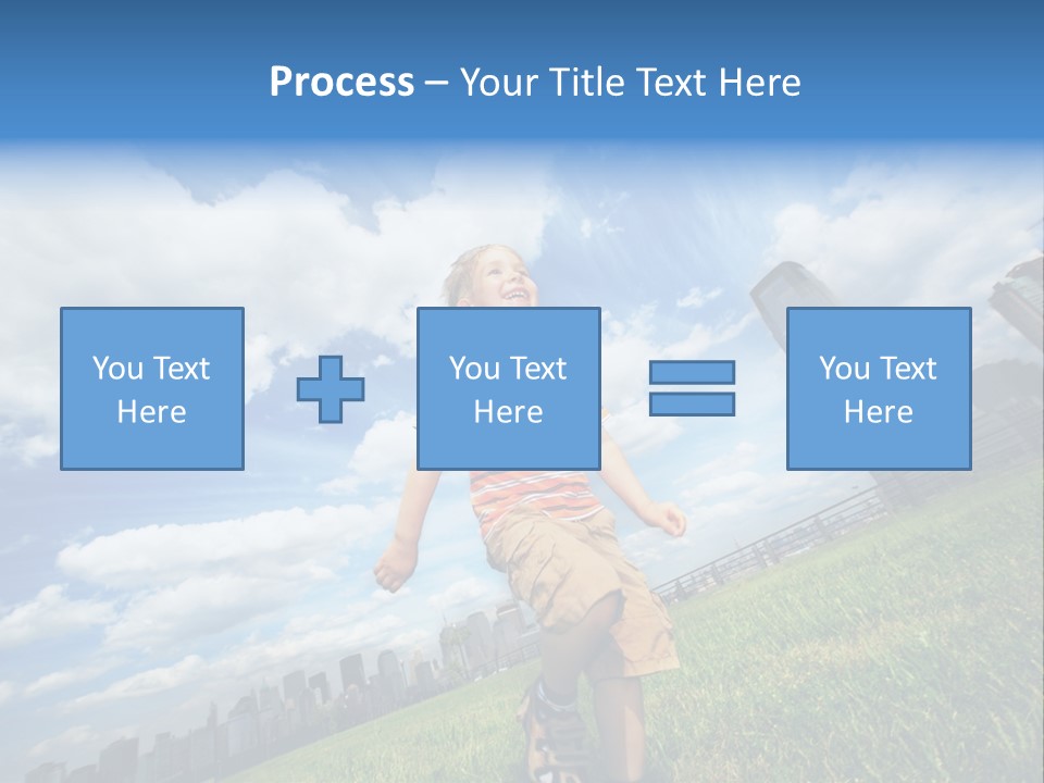Boy Running On Green Grass Field Under Beautiful Blue Sky With Scenic White Clouds. PowerPoint Template