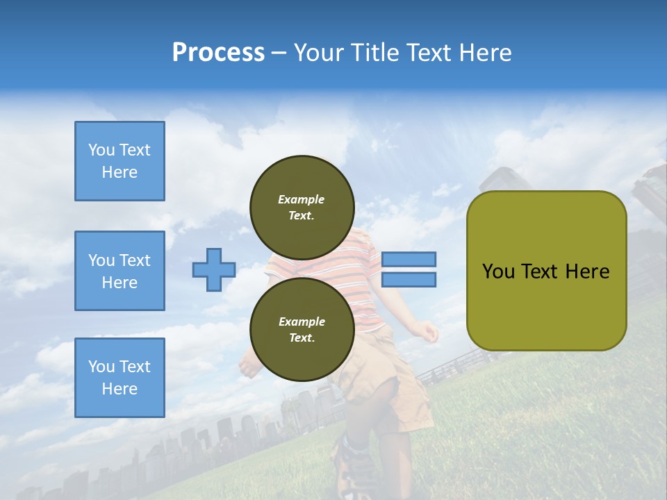 Boy Running On Green Grass Field Under Beautiful Blue Sky With Scenic White Clouds. PowerPoint Template