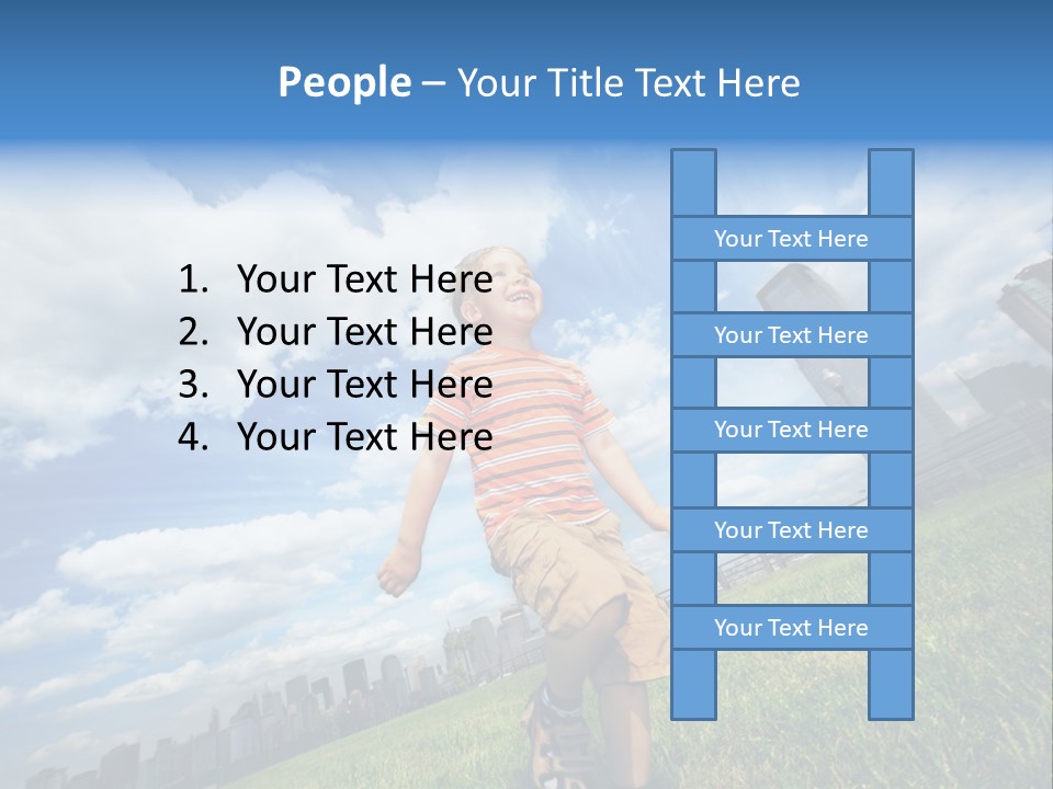 Boy Running On Green Grass Field Under Beautiful Blue Sky With Scenic White Clouds. PowerPoint Template