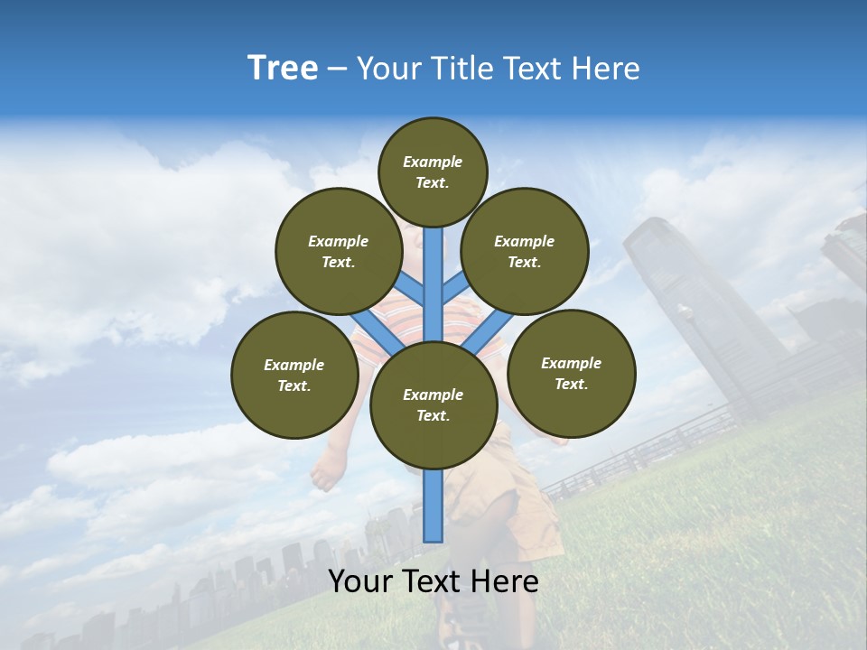 Boy Running On Green Grass Field Under Beautiful Blue Sky With Scenic White Clouds. PowerPoint Template