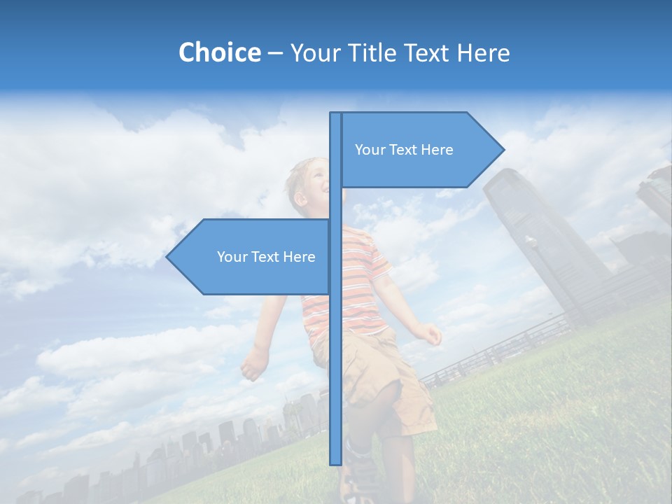 Boy Running On Green Grass Field Under Beautiful Blue Sky With Scenic White Clouds. PowerPoint Template