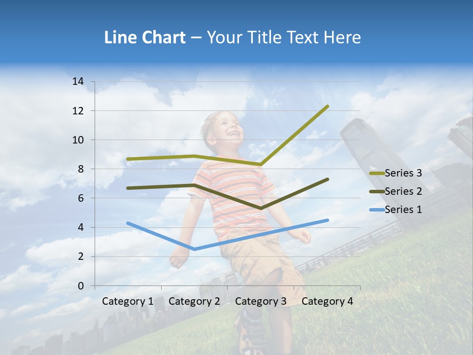 Boy Running On Green Grass Field Under Beautiful Blue Sky With Scenic White Clouds. PowerPoint Template