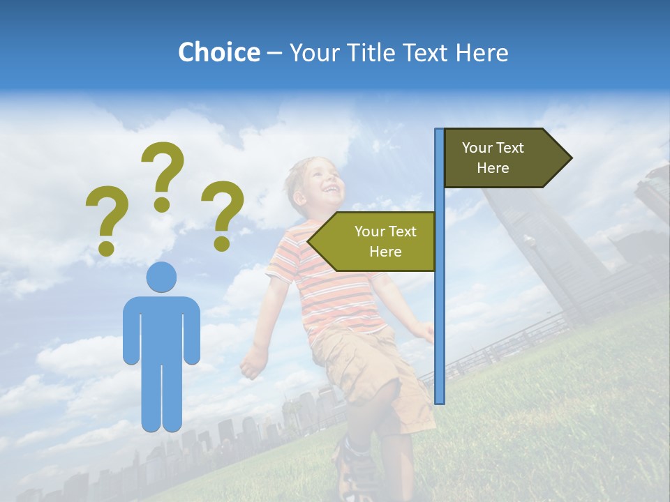 Boy Running On Green Grass Field Under Beautiful Blue Sky With Scenic White Clouds. PowerPoint Template