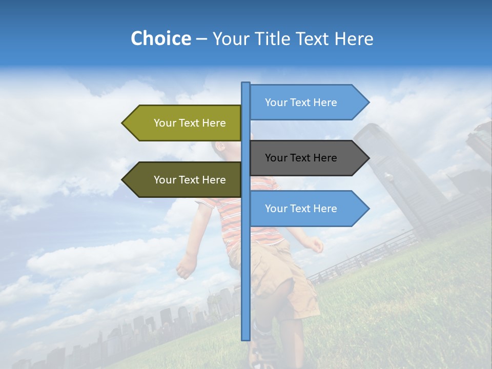 Boy Running On Green Grass Field Under Beautiful Blue Sky With Scenic White Clouds. PowerPoint Template