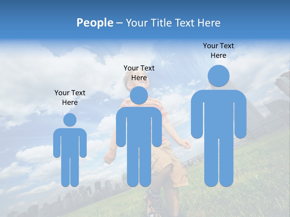 Boy Running On Green Grass Field Under Beautiful Blue Sky With Scenic White Clouds. PowerPoint Template