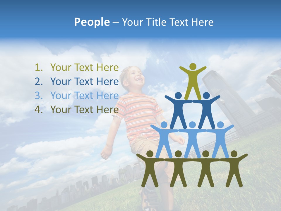 Boy Running On Green Grass Field Under Beautiful Blue Sky With Scenic White Clouds. PowerPoint Template