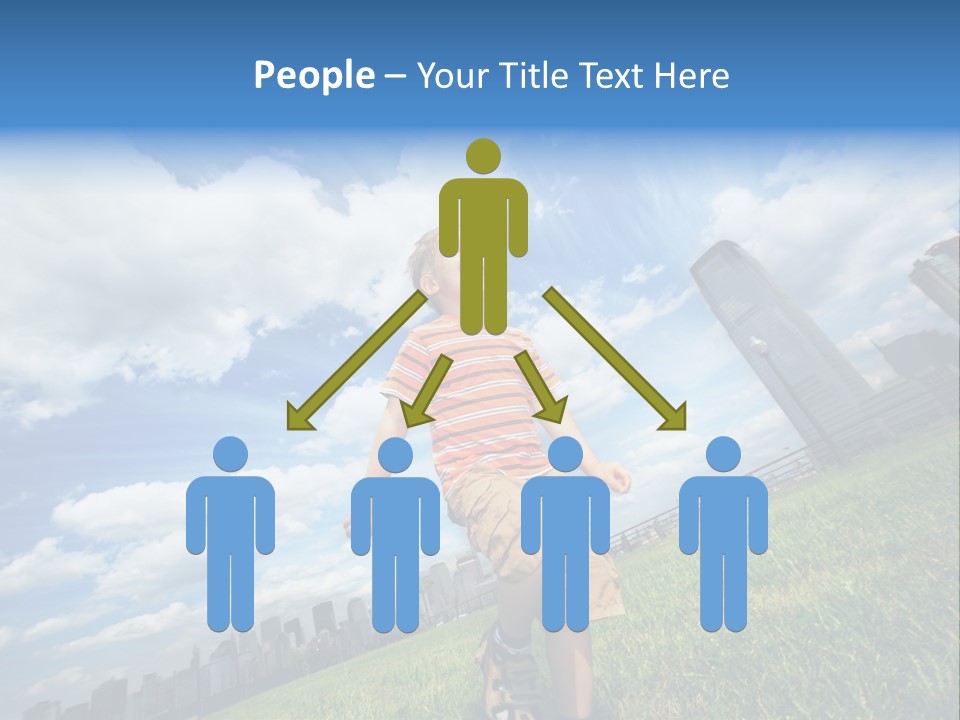 Boy Running On Green Grass Field Under Beautiful Blue Sky With Scenic White Clouds. PowerPoint Template