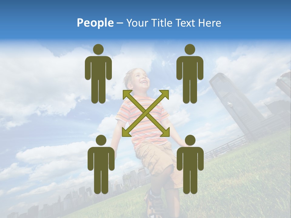 Boy Running On Green Grass Field Under Beautiful Blue Sky With Scenic White Clouds. PowerPoint Template