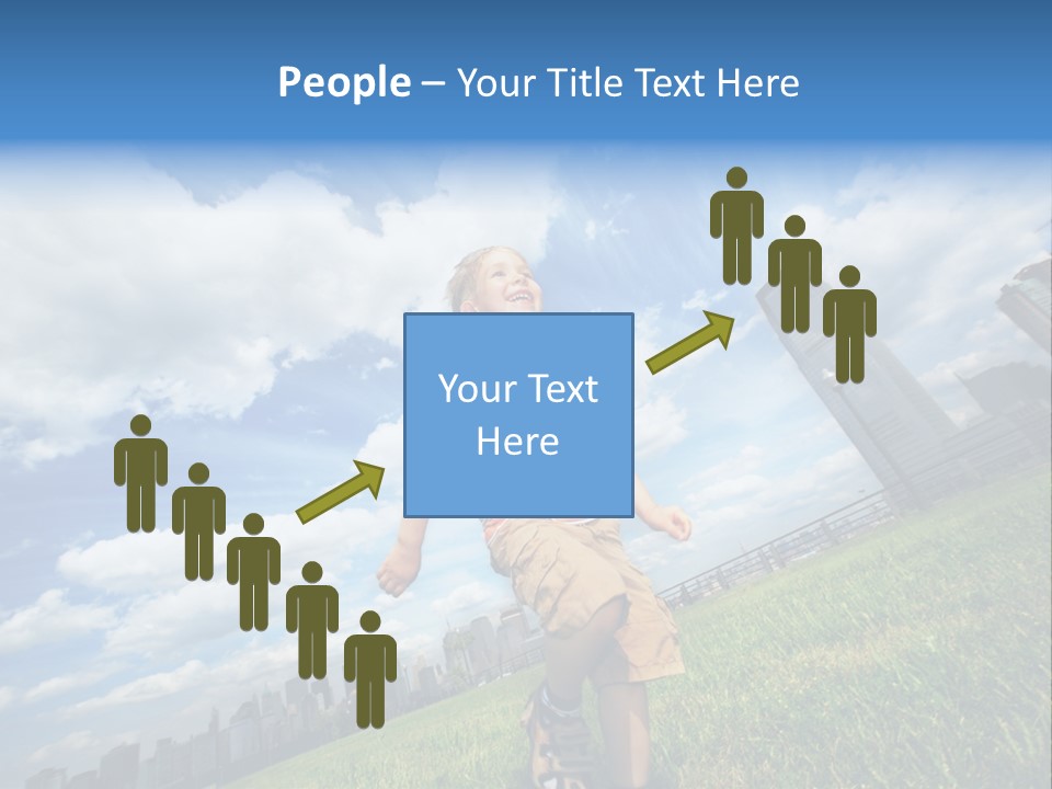 Boy Running On Green Grass Field Under Beautiful Blue Sky With Scenic White Clouds. PowerPoint Template