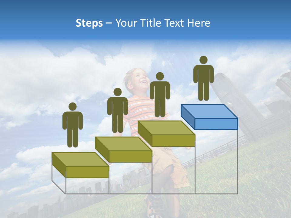 Boy Running On Green Grass Field Under Beautiful Blue Sky With Scenic White Clouds. PowerPoint Template