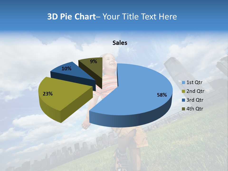 Boy Running On Green Grass Field Under Beautiful Blue Sky With Scenic White Clouds. PowerPoint Template