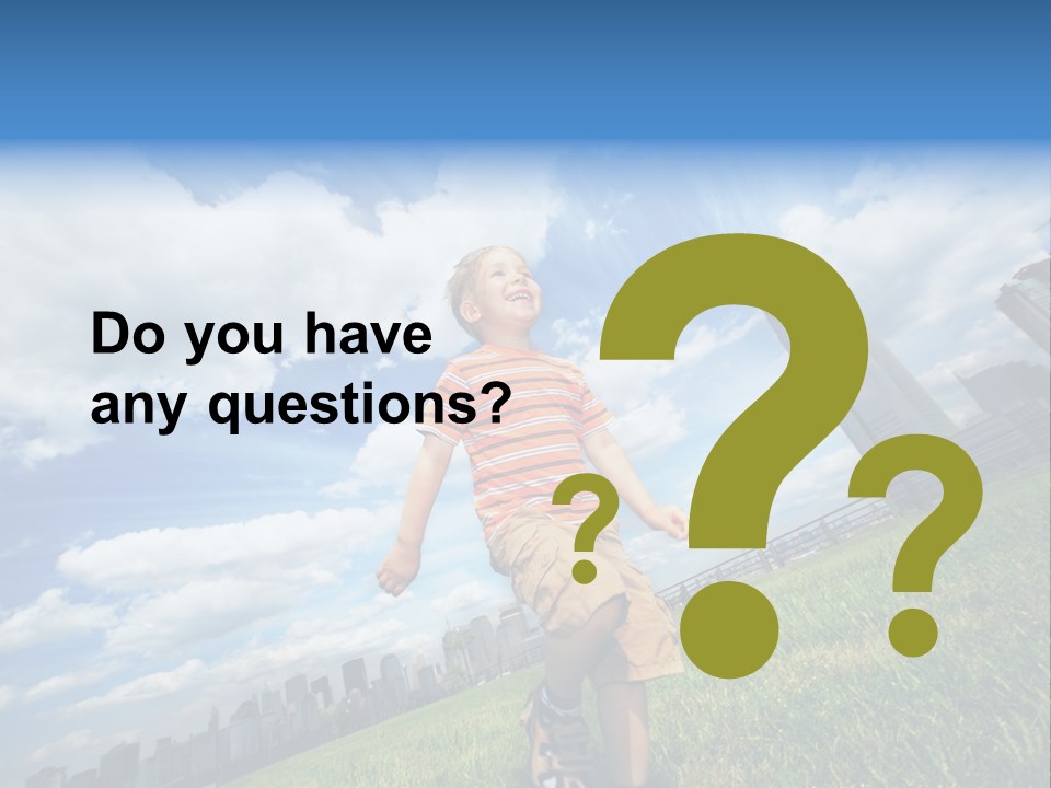 Boy Running On Green Grass Field Under Beautiful Blue Sky With Scenic White Clouds. PowerPoint Template