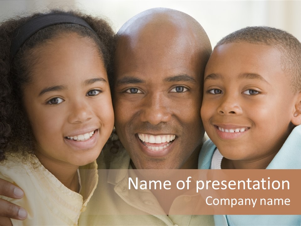 Man And Two Young Children Embracing And Smiling PowerPoint Template