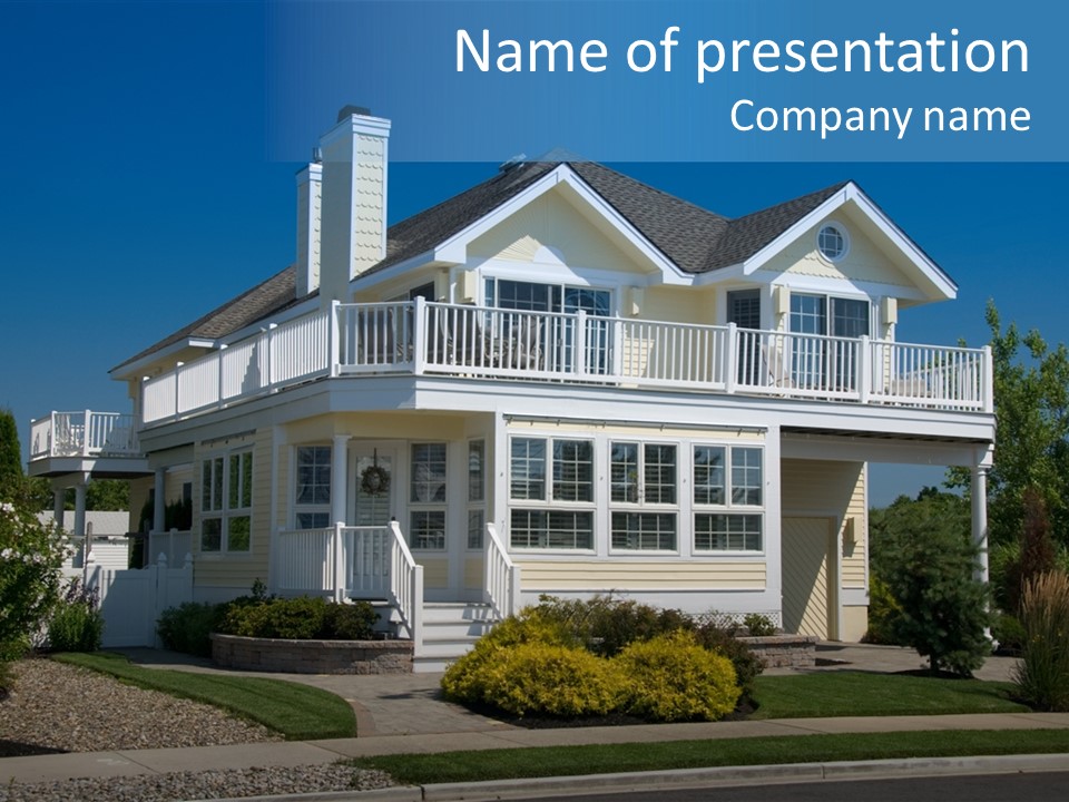 Contemporary Beach House; Pastel Yellow Against Deep Blue Sky PowerPoint Template