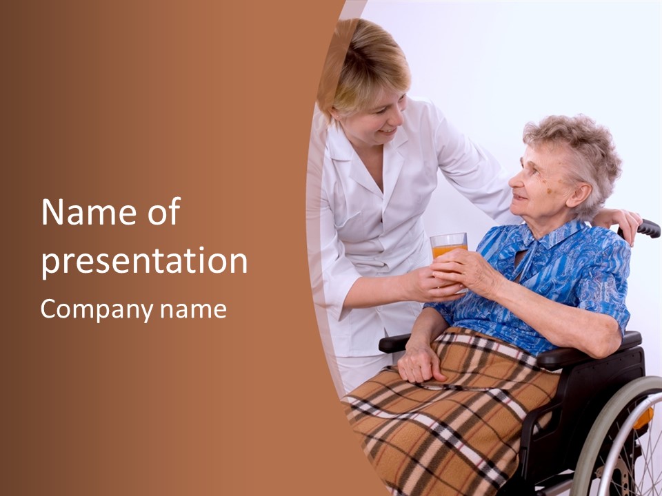 Health Care Worker And Elderly Woman In Wheelchair Needs Help PowerPoint Template