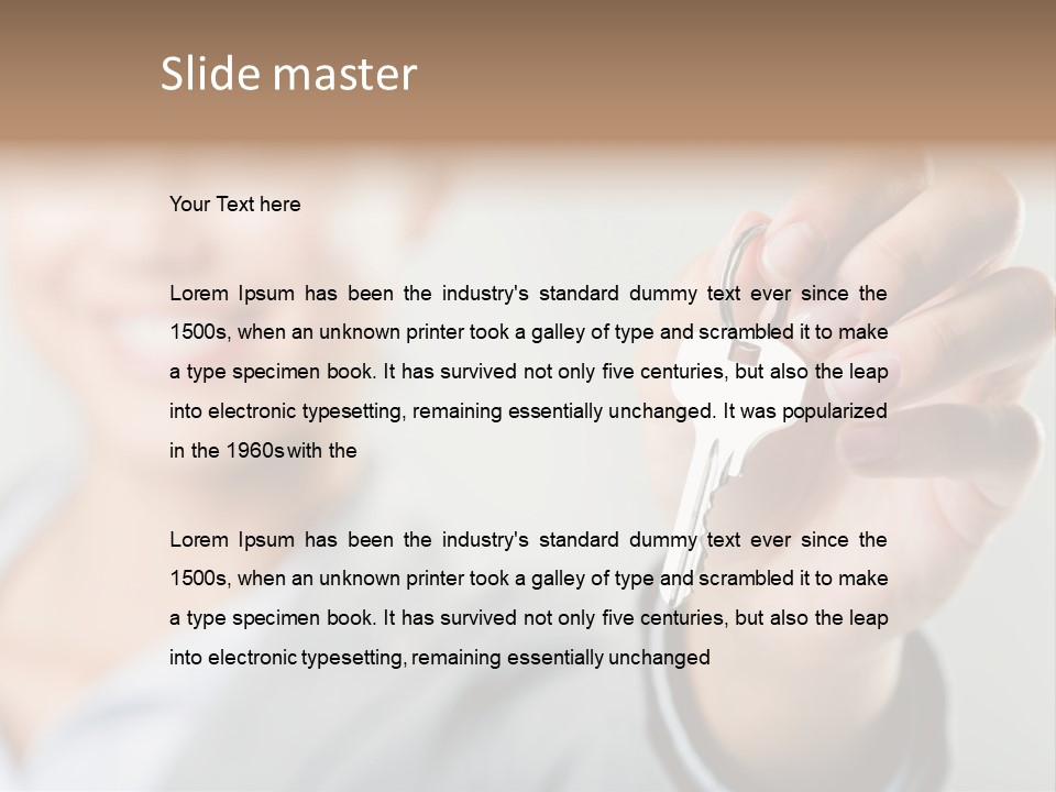 Photo Of Happy Woman├В??S Hand Holding New Key And Pointing It At Camera PowerPoint Template