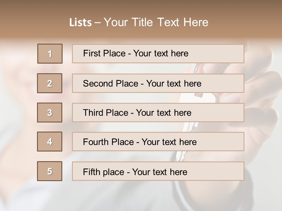 Photo Of Happy Woman├В??S Hand Holding New Key And Pointing It At Camera PowerPoint Template